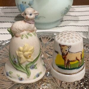 Vintage Enesco Lamb Mini Bell and Lamb Thimble Duo